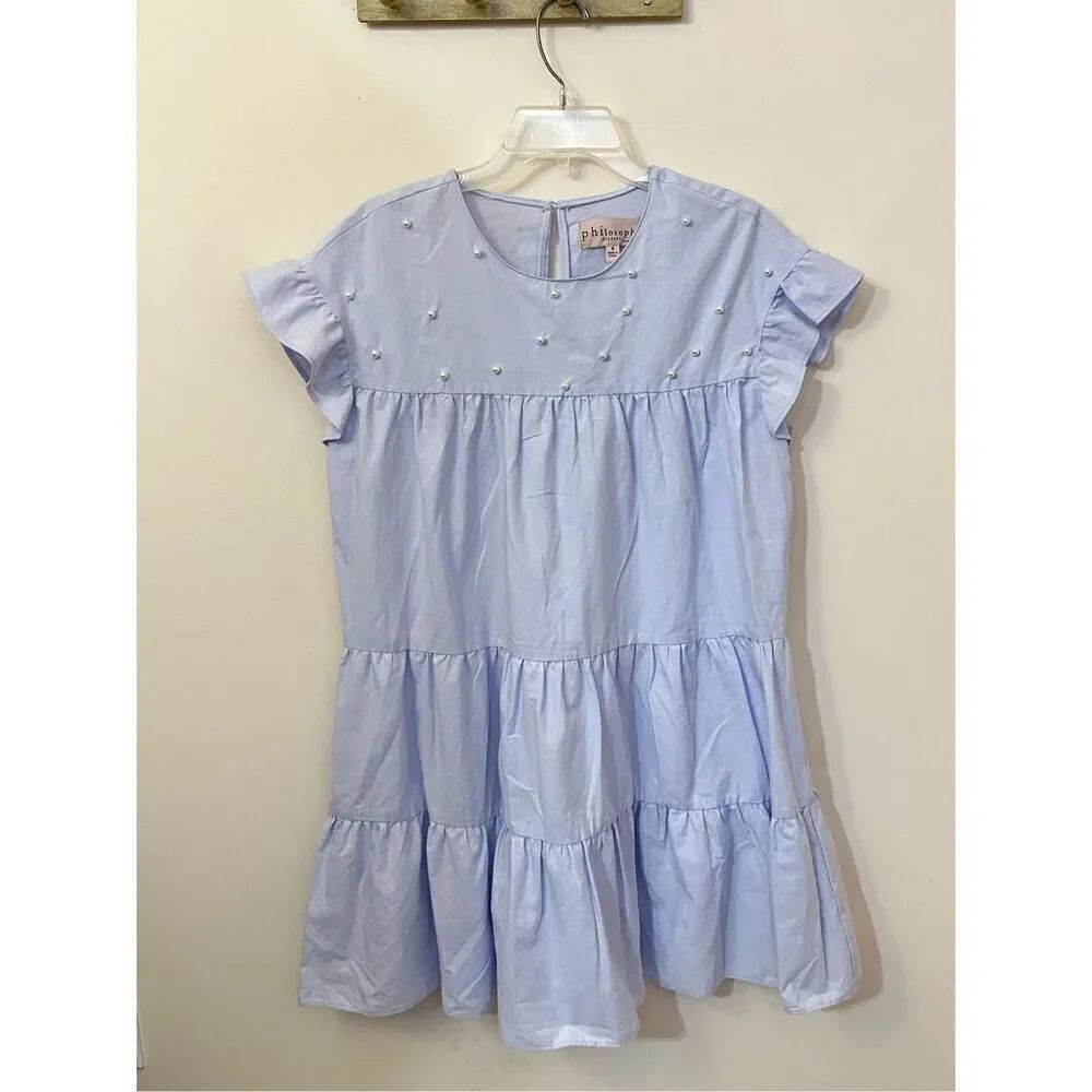 Philosophy Pale Blue Tiered Babydoll Dress Pearl Embellishment S